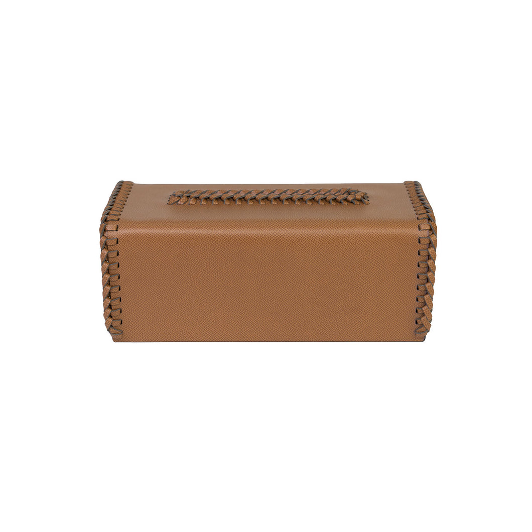 Front view of Quentin tissue box with smooth brown faux leather and woven leather borders and opening